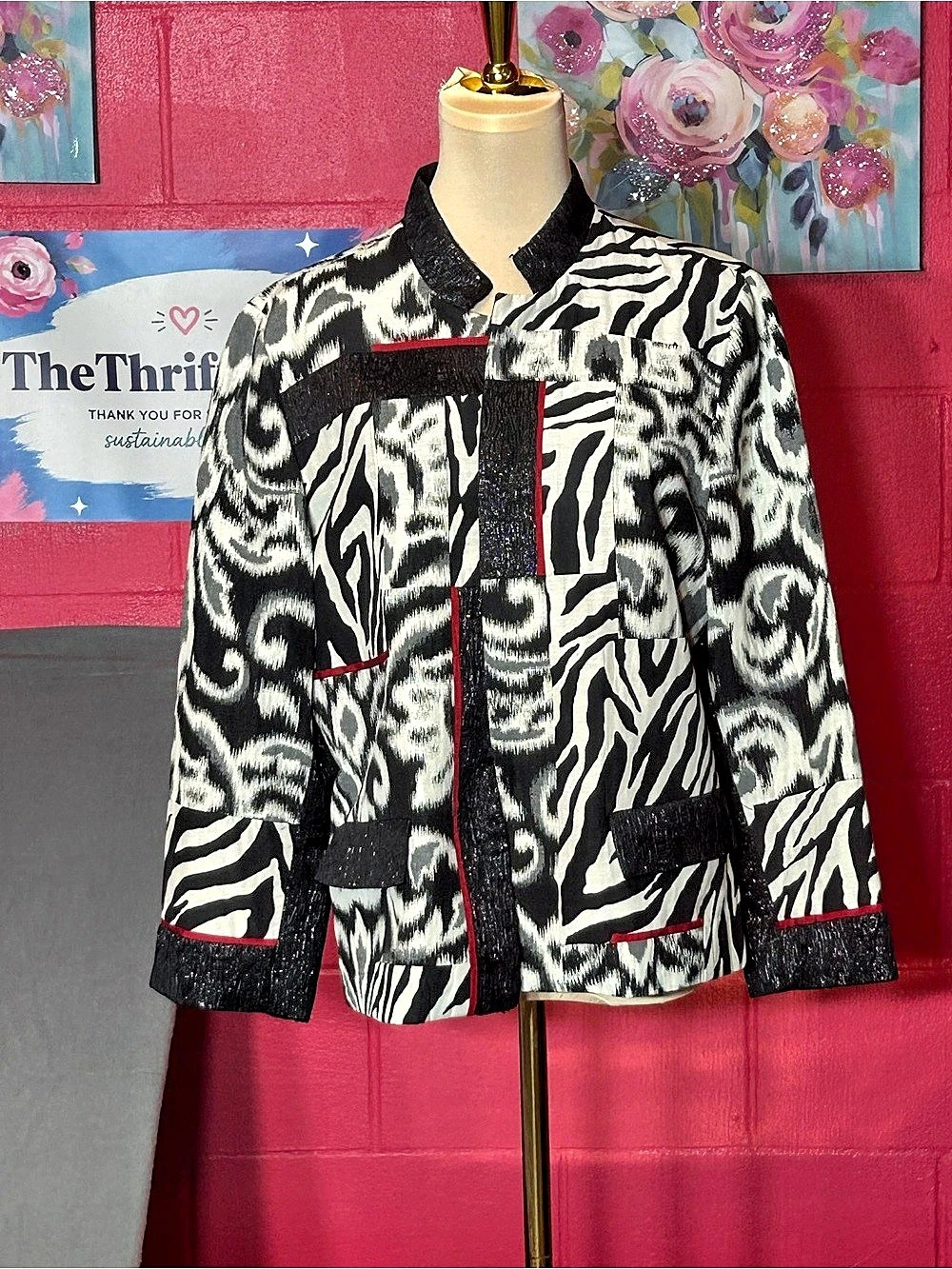 Chico's Black Ivory Red Zebra Print Open Front Jacket Size 2